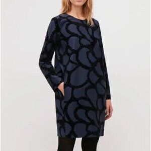 COS Navy and Black Cocoon Flock-Print Dress - Size 10